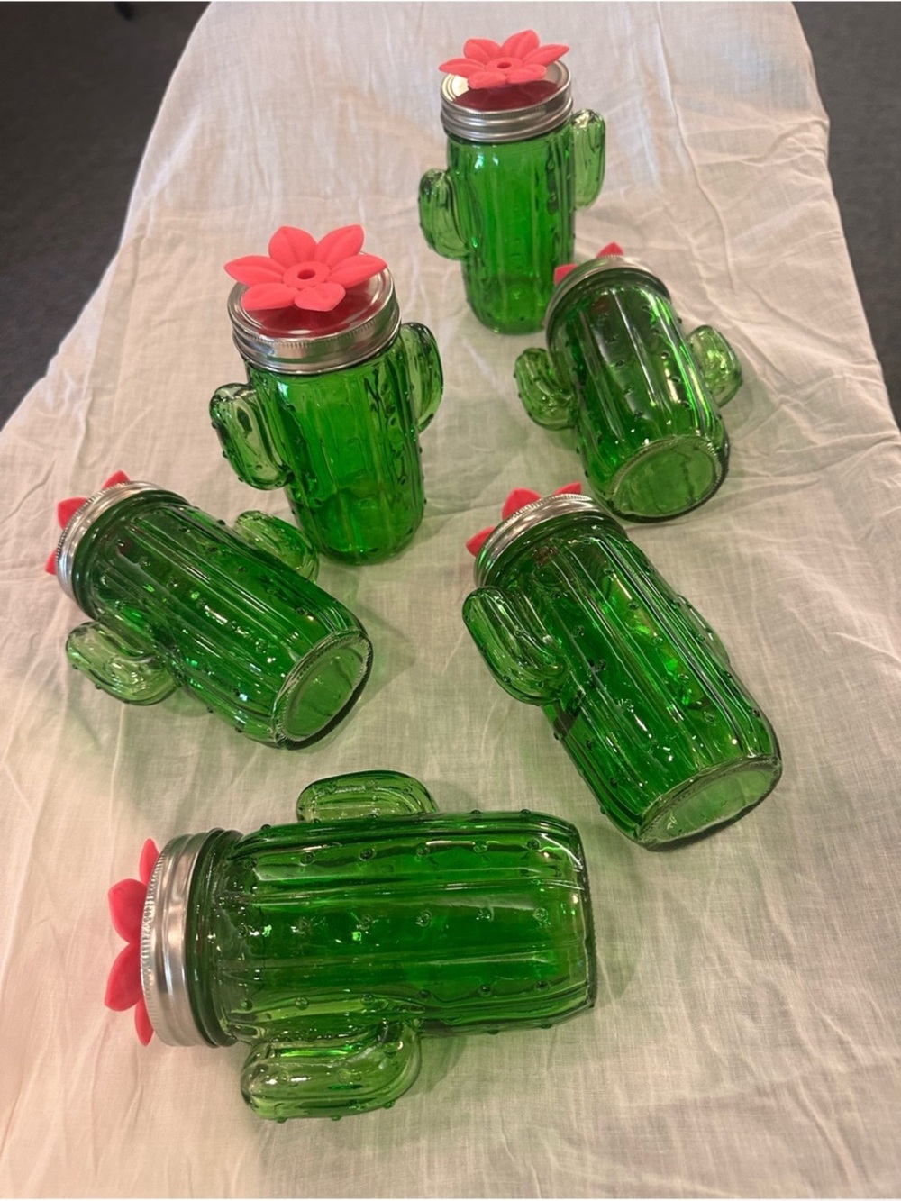 6 Green Cactus Glass Jar with Pink Flower Lid - Decorative Drink ware